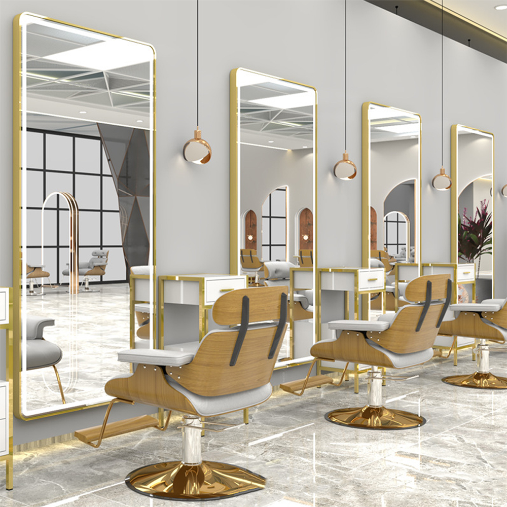 ゴールド高級ledランプミラーキャビネット用ヘアサロン美容院led美容院ミラードア付きスタイリングミラー用ヘアサロン
