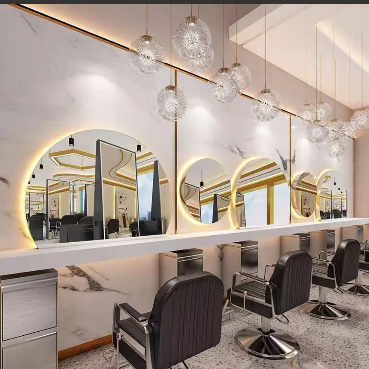 理髪ミラーサロンラウンド理髪店ミラーテーブルヘアサロン特別なヨーロッパのガラスサロン家具